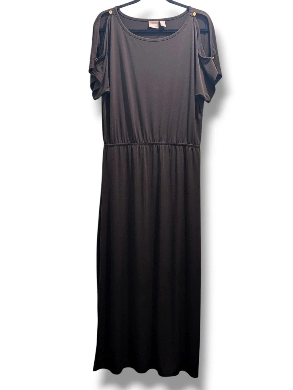 CHICO'S Francine Split Slv Maxi DRESS SOLID ROCKLEDGE BROWN- 1 (M/8)